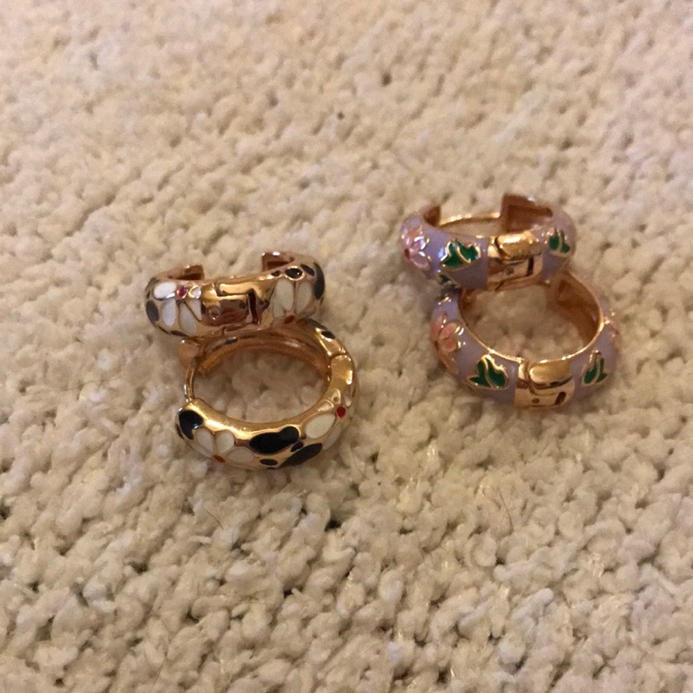 Pair of Gold-Tone Floral Cloisonné Enamel Huggie Hoop Earrings
